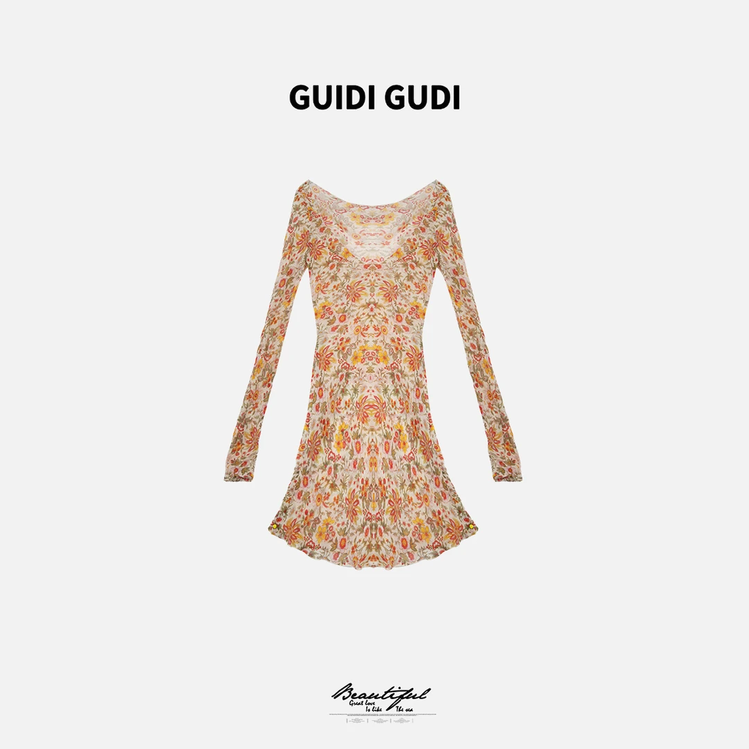 GUIDI GUDI【我的花园】人丝气质短袖连衣裙 /黄加蓝 L9521365H