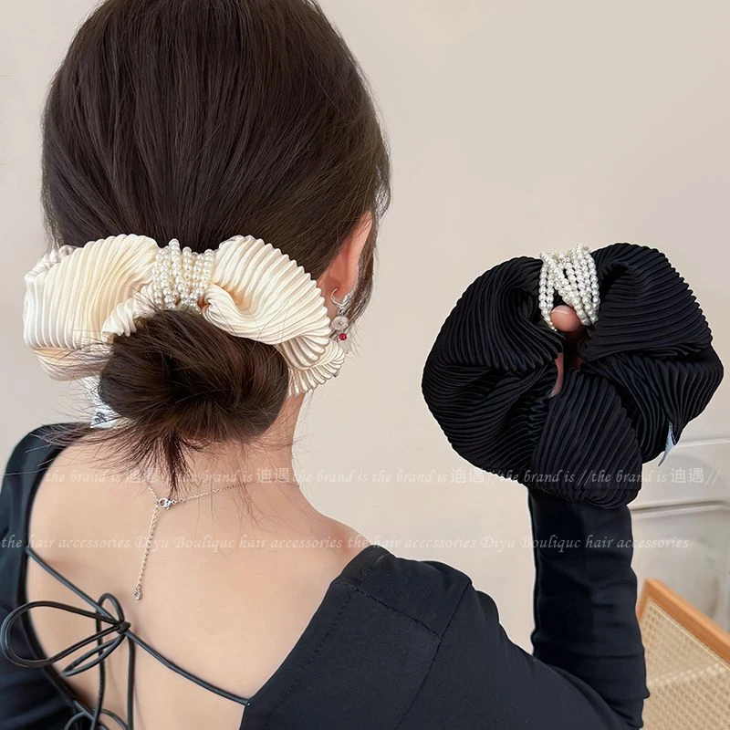 韩系大肠发圈2025新款珍珠头绳大号缎面褶皱条纹头花丸子头肥肠圈