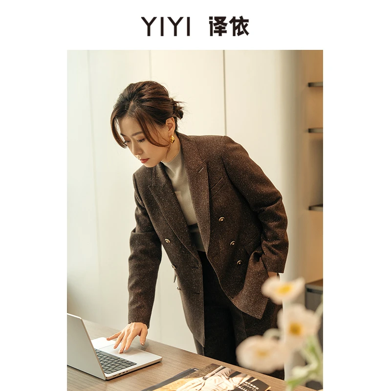 译依YIYI“律政佳人“羊毛彩点双排扣修身西装直筒西裤套装BDWKZ079