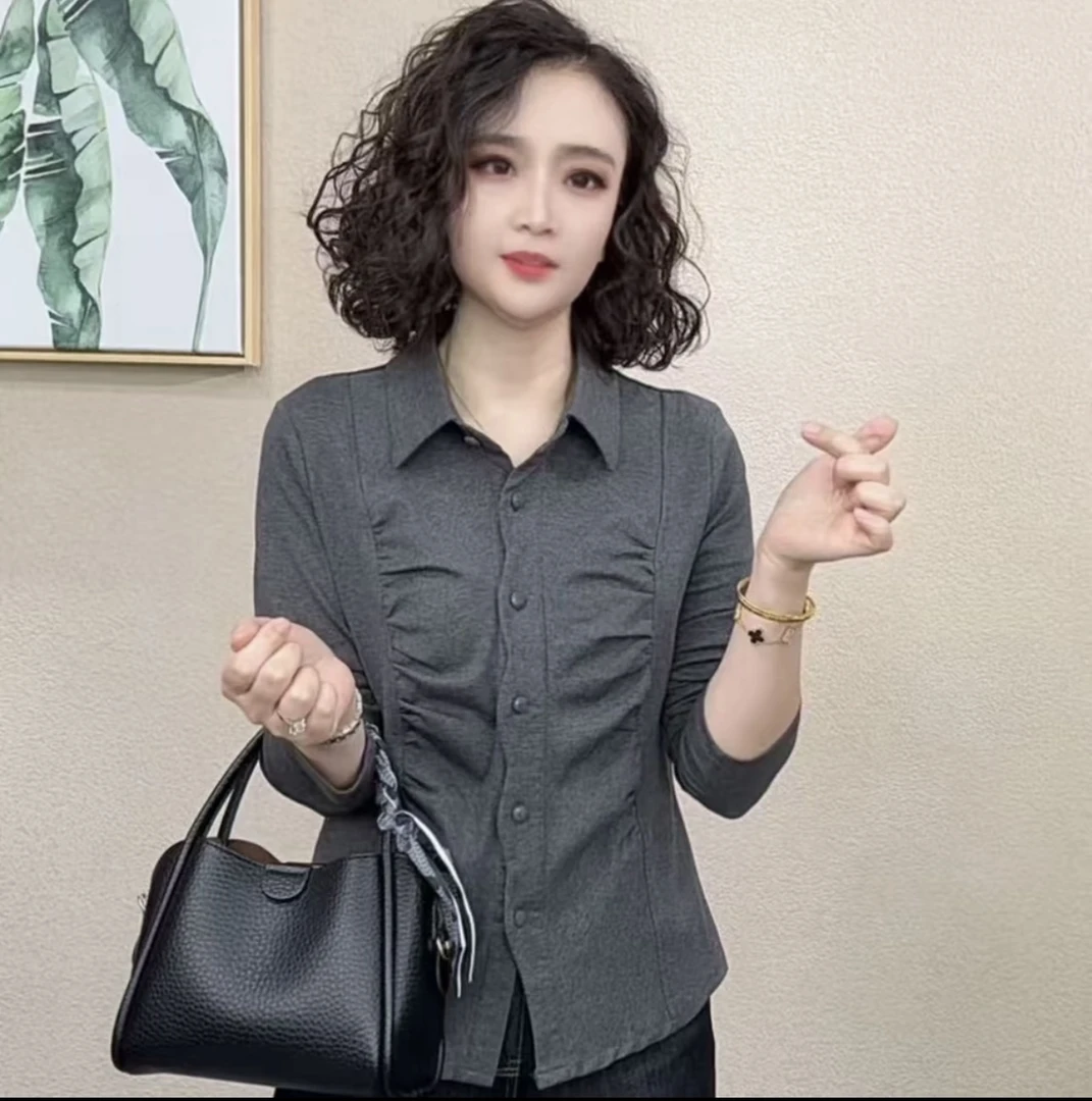 2025秋季新款时尚洋气百搭减龄长袖女纯色POLO气质小衫上衣#5268
