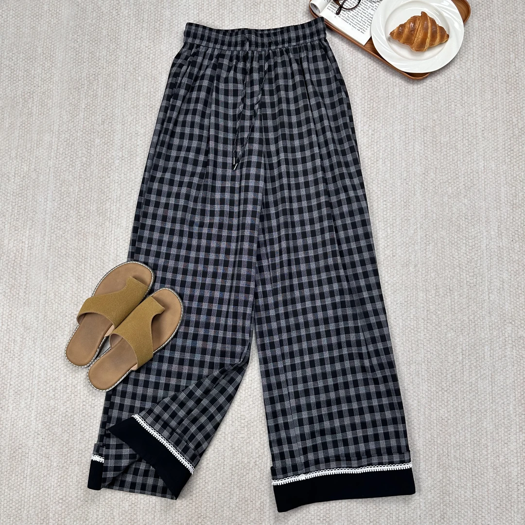 简约气质复古翻边格子直筒阔腿休闲裤 HRBXK340