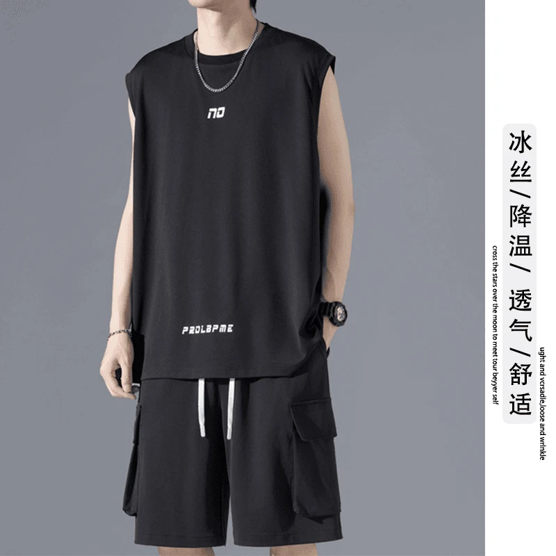 冰丝男装穿搭套装夏季青少年男生篮球服大码无袖T恤短裤一整套