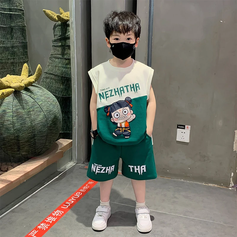 哪吒衣服男童夏装背心套装2025新款小男孩帅气炸街无袖宝宝运动服