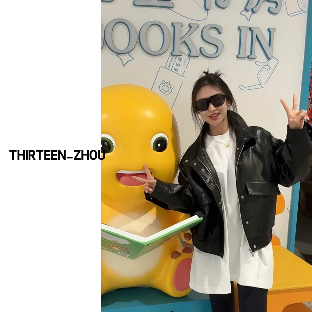 THIRTEEN-ZHOU 春季复古宽松短款皮衣 气质