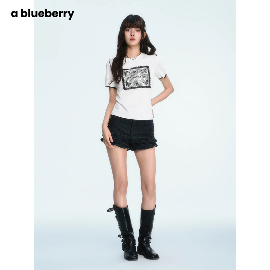 a blueberry白色蝴蝶结蕾丝T恤夏小众设计感辣妹短袖上衣BC120309