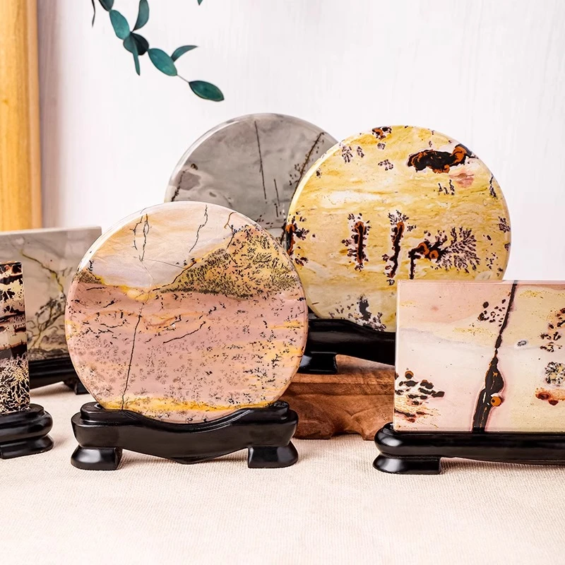 天然水晶原石国画石摆件水晶原石草花石切片家居客厅玄关装饰摆件