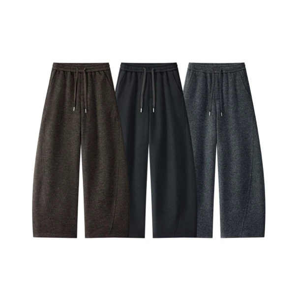 老钱风冬季加厚羊毛卫裤男宽松直筒休闲裤男生弯刀裤子