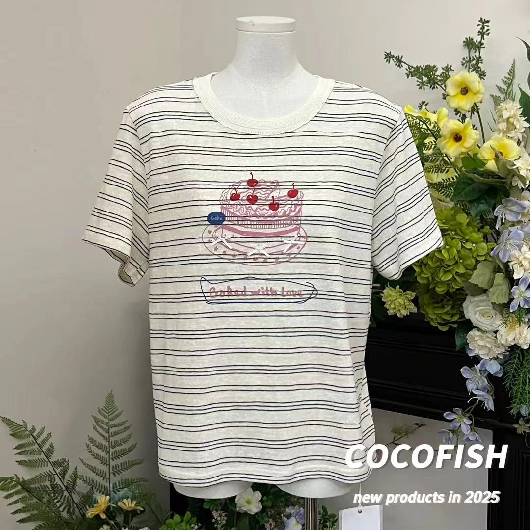 慵懒风休闲百搭圆领撞色条纹短袖T恤#8022