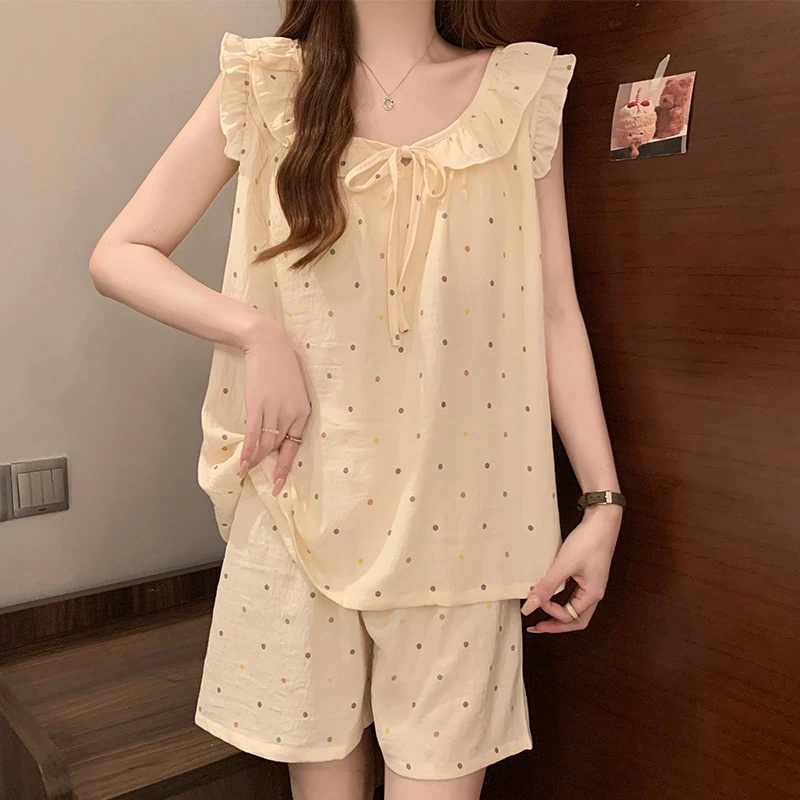 网红波点云朵棉宽松短裤睡衣夏季新款女套装薄款带大码甜美家居服