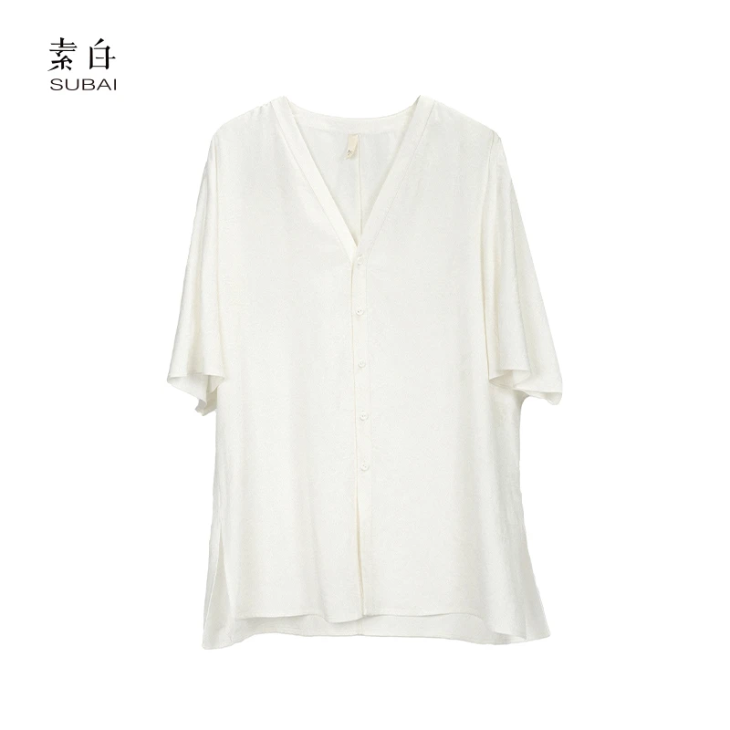 素白银赛尔【小白花】S01576凉爽老钱风百搭短袖提花V领衬衫开衫