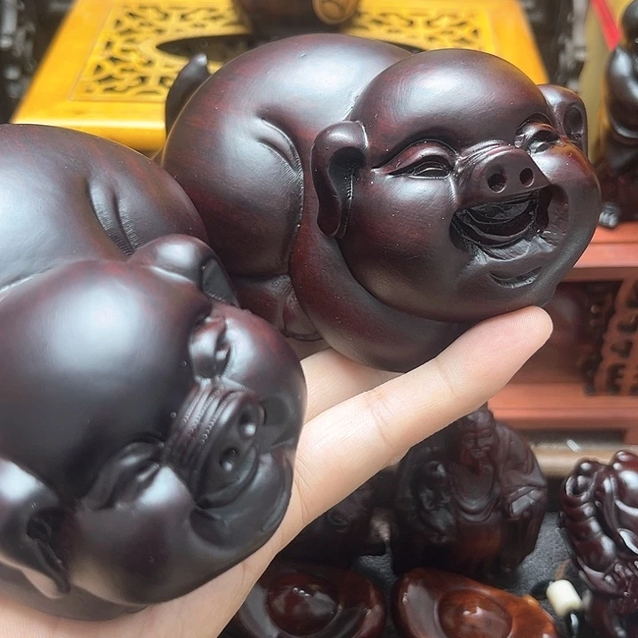 木紫檀红木雕刻福猪一对摆件