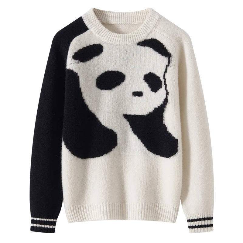 儿童加厚100羊毛针织衫男童熊猫卡通毛衣女童提花休闲毛衫打底衫