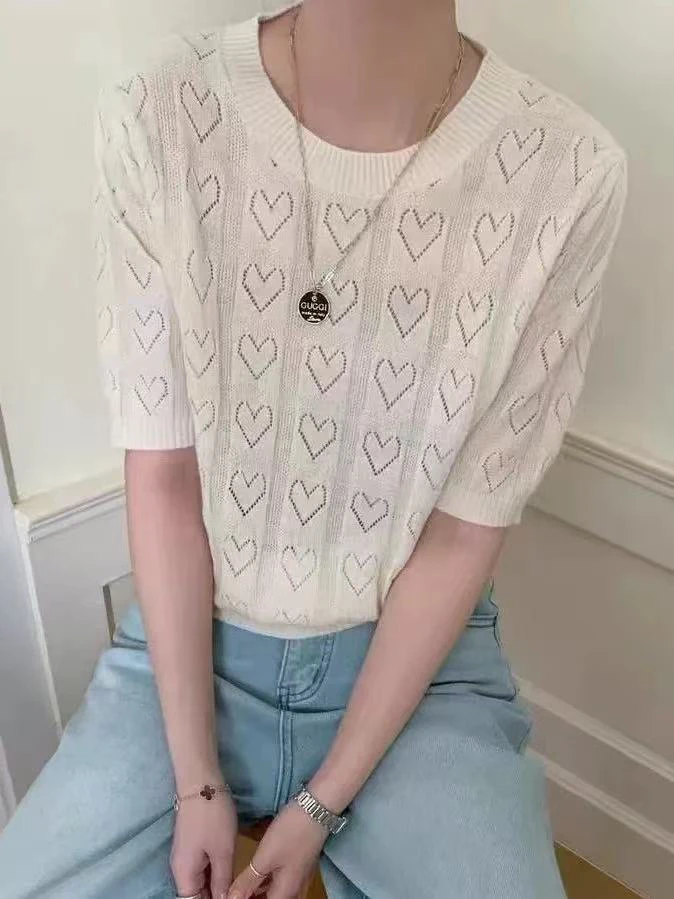 套头镂空爱心提花t恤打底圆领薄款短袖针织衫上衣9898