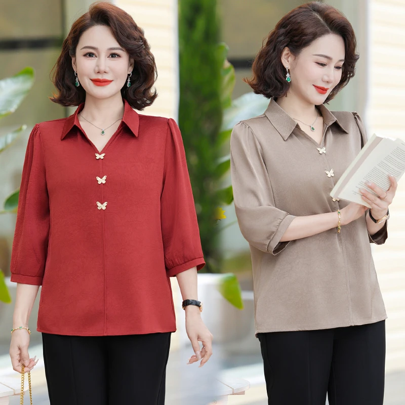 中年妈妈夏装时尚衬衫2025新款洋气中袖小衫中老年女装春夏装上衣
