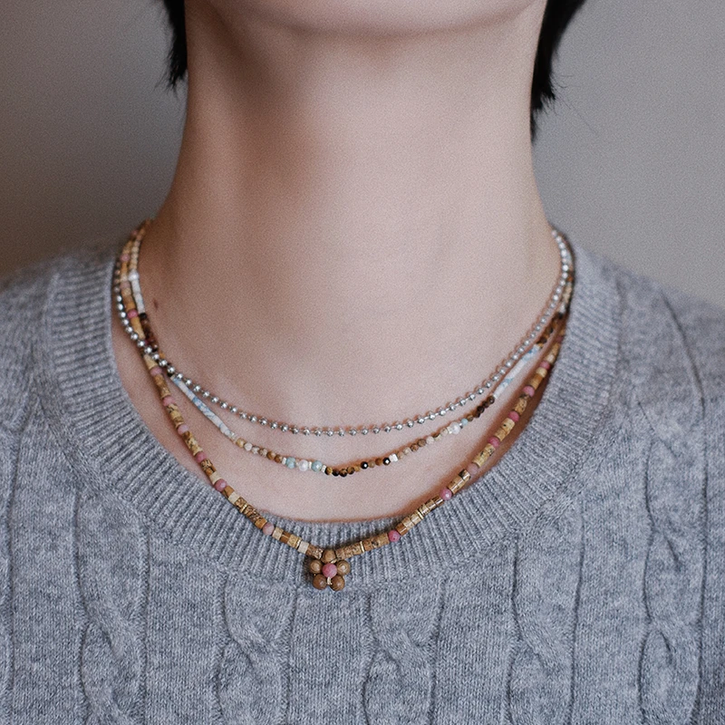 链子925银琉璃 美拉德色系花朵吊坠叠戴项链ins锁骨链优雅百搭