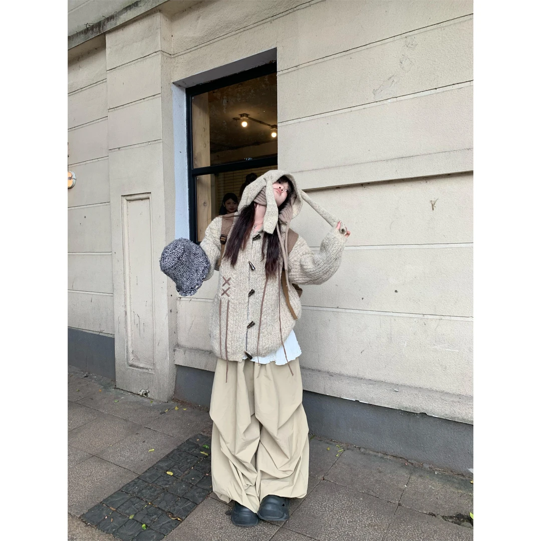 美式牛角扣开衫毛衣女2025秋冬美拉德慵懒风宽松小众兔耳朵外套潮