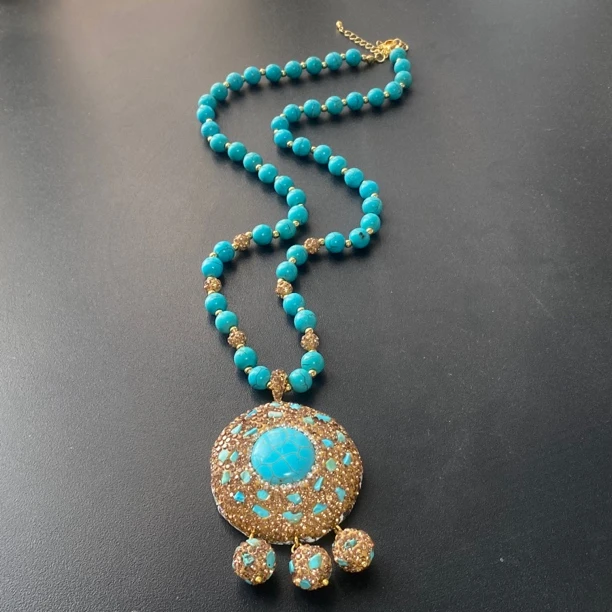 铜合金合成锆石项链 TTSD 蓝色圆形镶嵌复古项链 1510