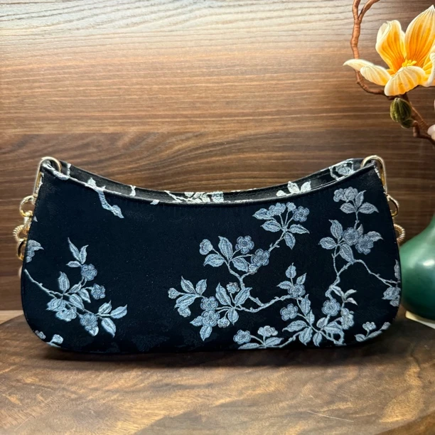 黑色碧桃蝴蝶纹织螺钿腋下包 非遗技艺新中式腋下包包