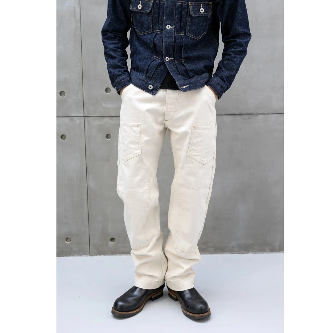 CURRAHEE男士时尚膝盖拼接设计多口袋白色原牛牛仔长裤2212004