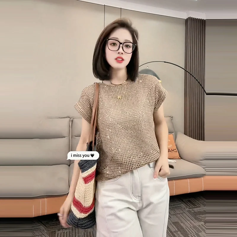 镂空设计感亮片短袖针织衫女士夏季薄款透气T恤洋气减龄休闲上衣