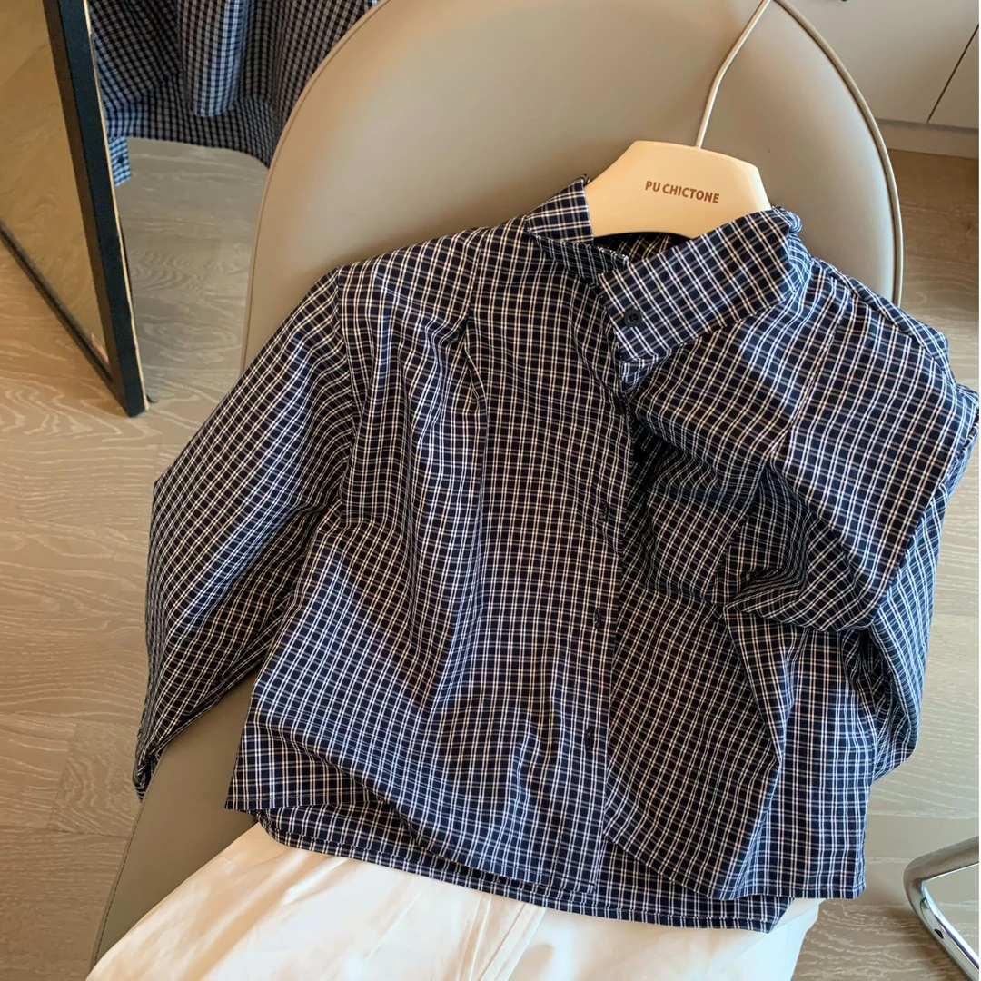 【晚晚私服】深海格韵纯棉经典舒适百搭格子Polo领春季慵懒风衬衫