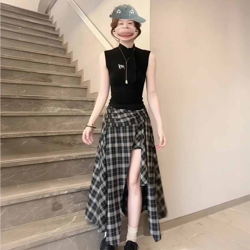 夏季穿搭一整套韩系无袖背心上衣不规则格纹半身裙显瘦气质套装女