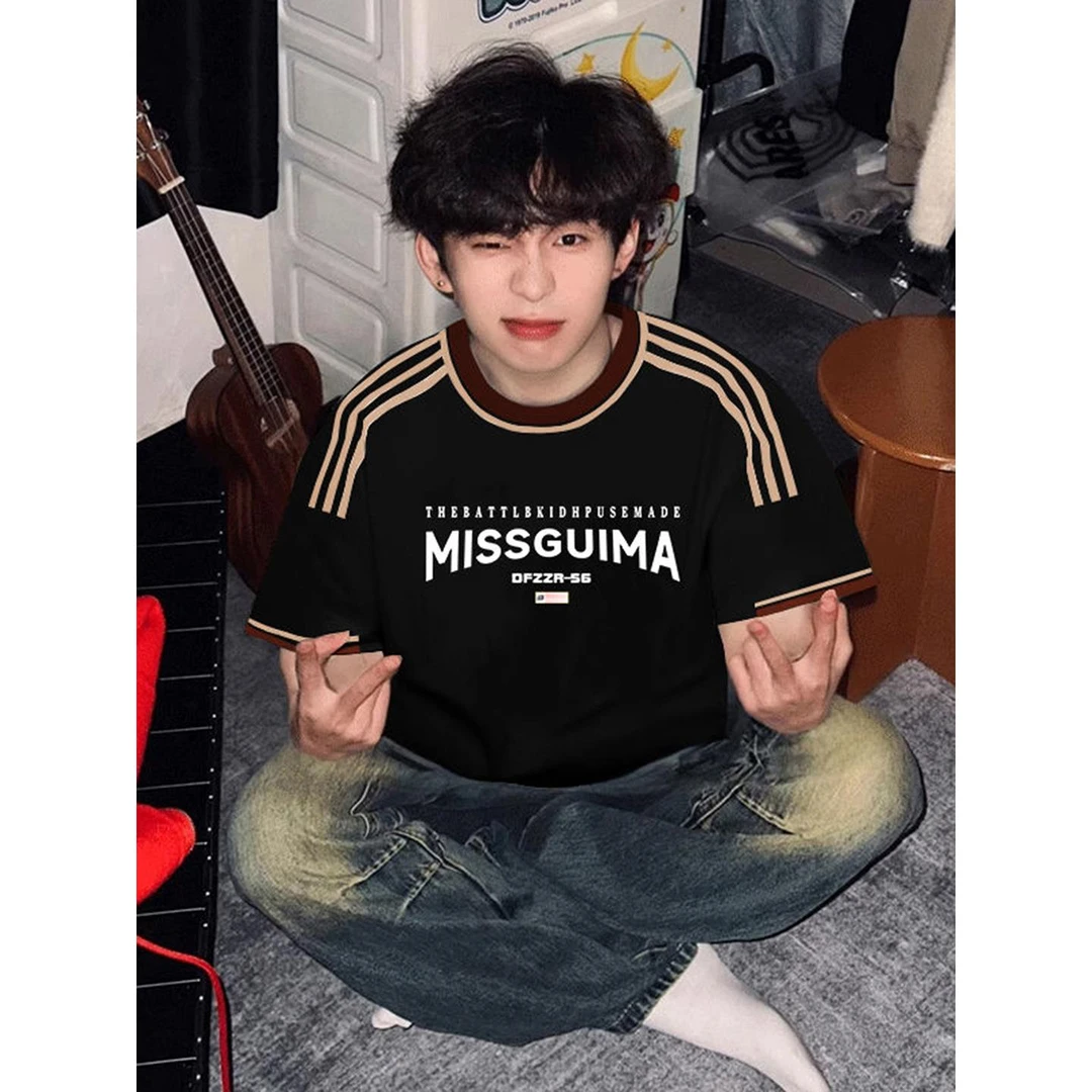 FAVMARTHA2025夏季短袖个性设计感三条杠纯棉T恤美式休闲 覆古宽