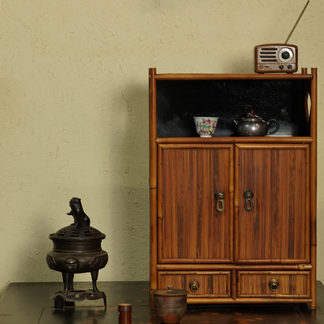 赋石手工复古清韵凤眼竹茶柜竹制茶具茶道大置物柜收纳柜中式茶棚