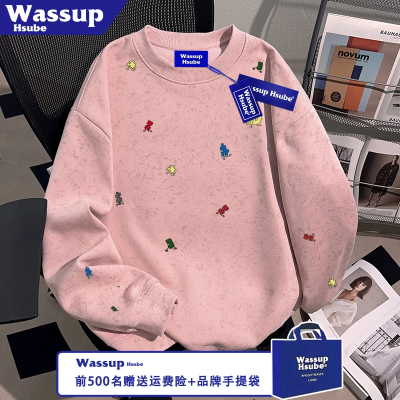 WASSUP HSUBE秋冬季美式创意图案印花加绒卫衣男女蜡染粉潮牌上衣