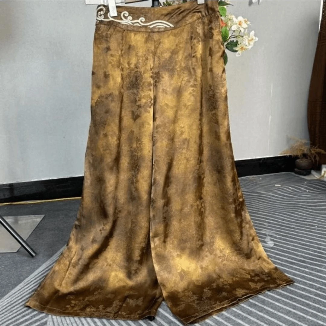 复古国风时尚宽松百搭刺绣阔腿裤