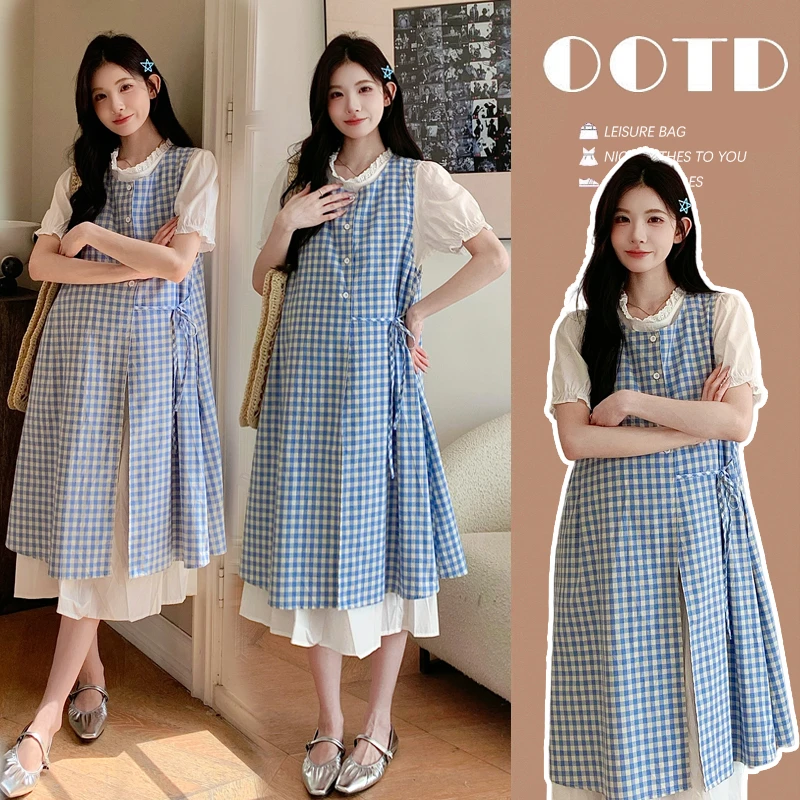 Y3724#4.17孕妇装真两件套薄款孕妇连衣裙+马甲两件套孕妇套装