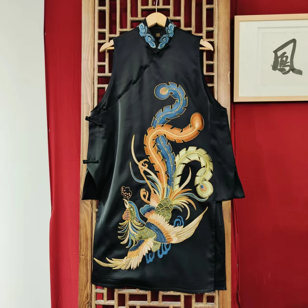 蓝 ( LS152-3）凤徕兮定制黑色光板底彩凤刺绣斜襟小立领盘扣马甲