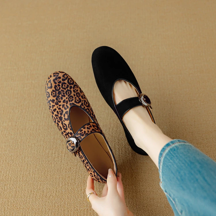 豹纹马毛玛丽珍鞋女真皮一字扣平底单鞋小众设计ins风软底手工鞋