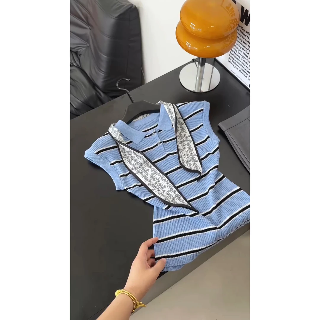 条纹小翻领短袖针织衫女2025夏季韩版显瘦套头T恤小飞袖辣妹上衣