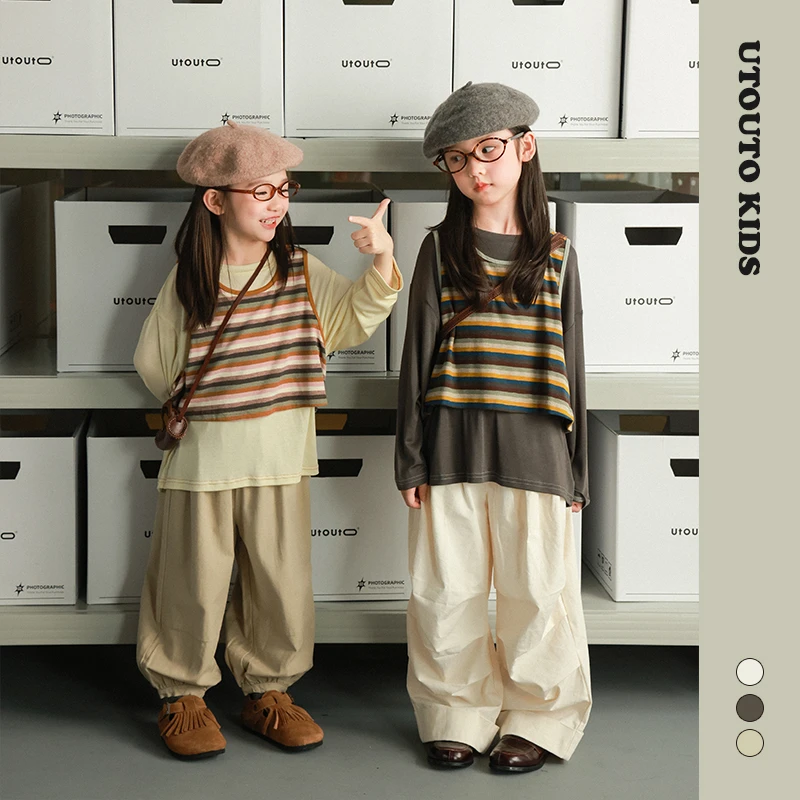 utouto大耳象女童纯色T恤条纹背心2025秋季新款叠穿上衣2501136