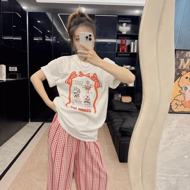 【土象飞船】夏季ins宽松纯棉短袖t恤2025新款印花女卡通百搭Q094