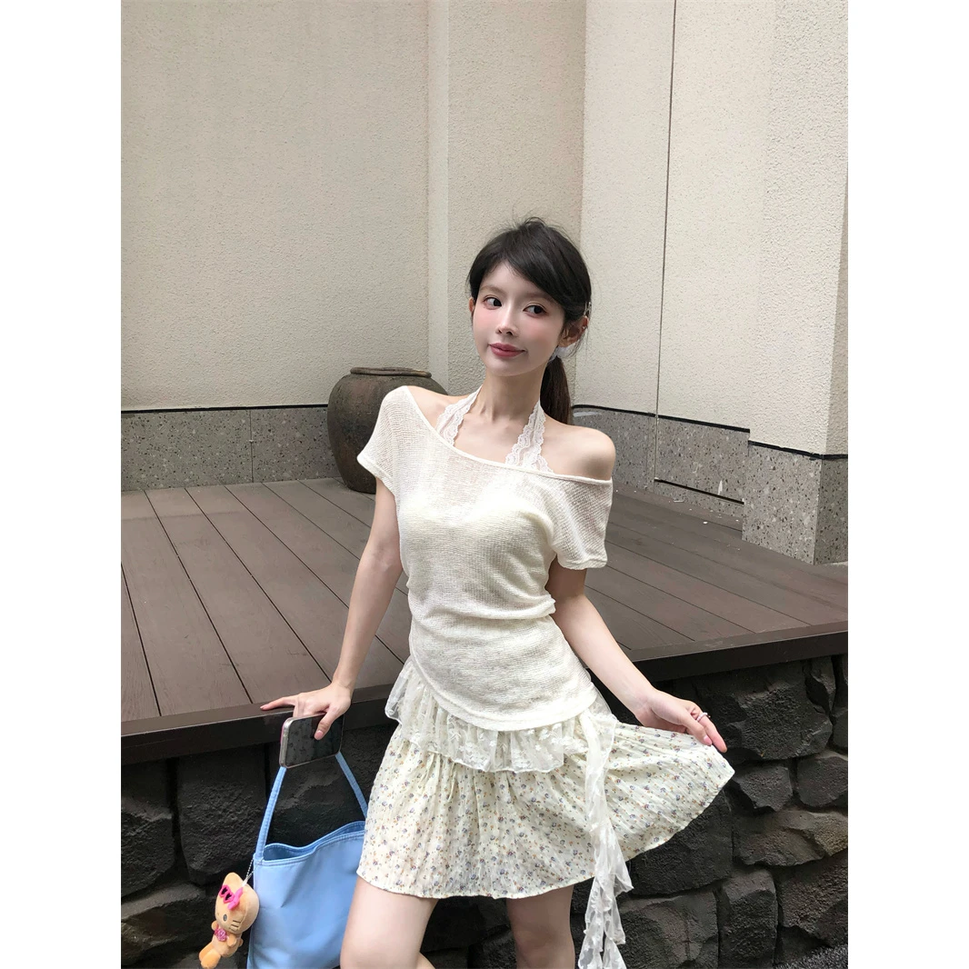 两件套斜肩露肩罩衫短袖t恤女夏季小个子甜美显瘦设计感别致上衣