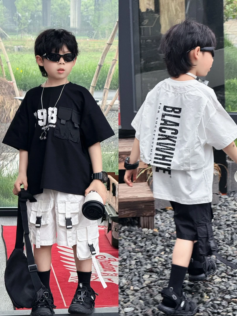 KeyKey|【1988】“设计感”韩版黑白撞色短袖T恤 男童夏款假两件kk43