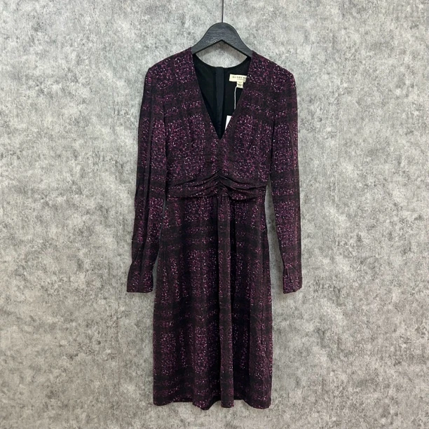 95新 BURBERRY/博柏利 紫色V领真丝连衣裙