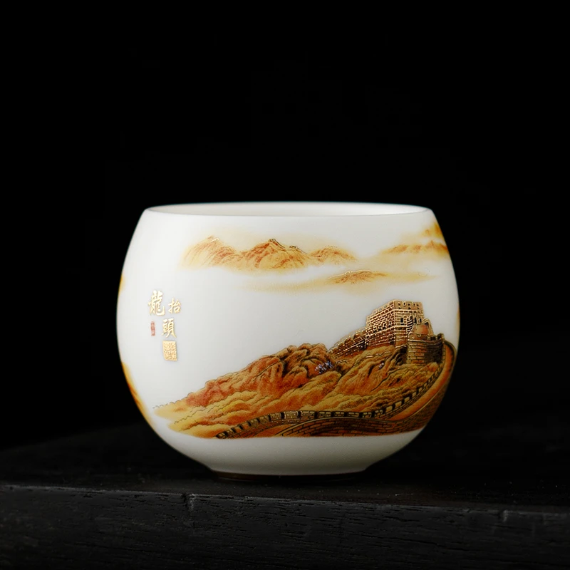 高档手工描金羊脂玉白瓷主人杯万里长城个人专用功夫喝茶品茗单杯