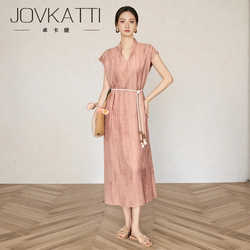Jovkatti新款法式优雅气质度假收腰显瘦V领休闲宽松连衣裙夏季