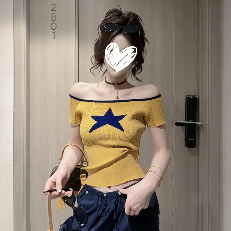 美式辣妹风星星印花露肩短袖T恤女2025夏新款设计感修身显瘦上衣