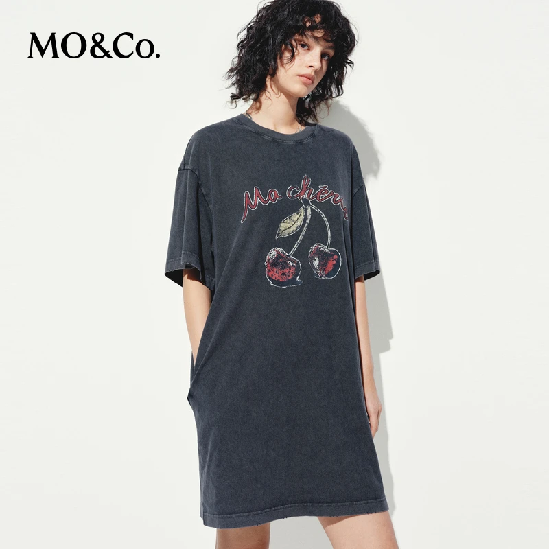 MOCO连衣裙2025夏新品洗褪棉质斑驳印花磨边短袖T恤裙MBE2DRS036