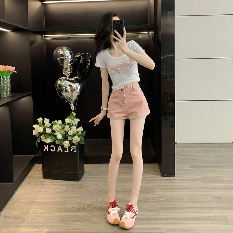 3D字母亮片刺绣U领短袖t恤多巴胺粉色牛仔短裤夏季高腰a字阔腿裤