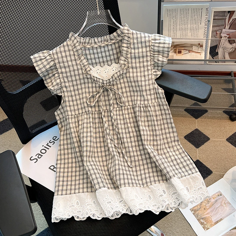 夏季法式复古假两件背心上衣女士气质格子衬衫宽松显瘦遮肚娃娃衫