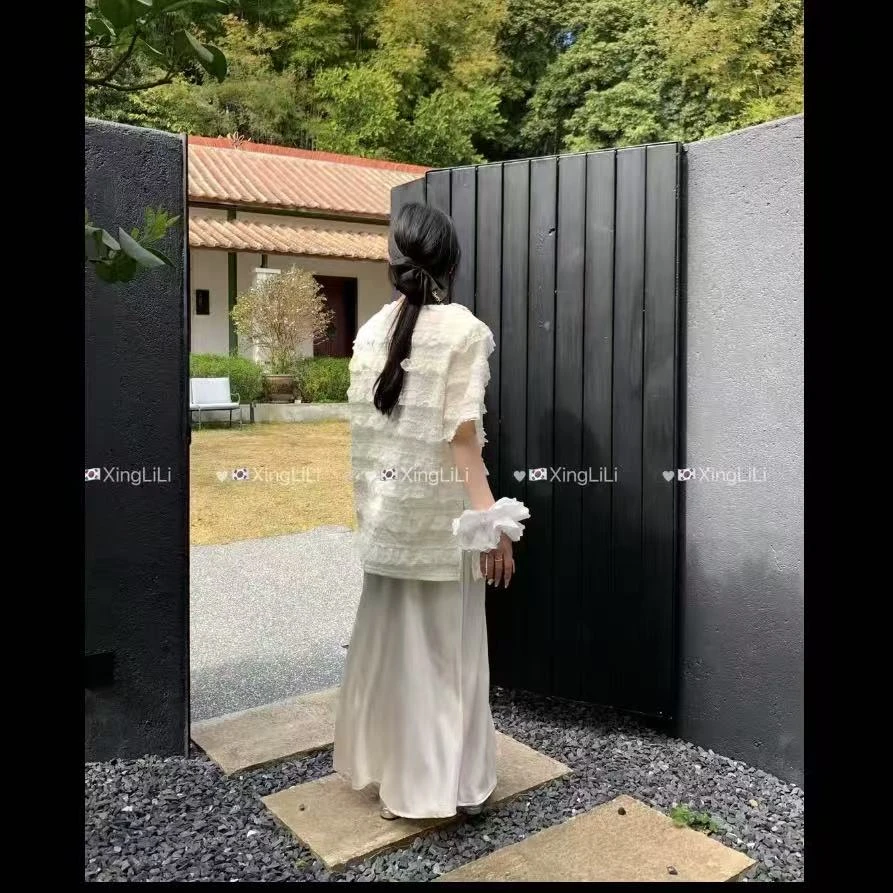 春季新款 洋气百搭 垫肩公主蕾丝大T