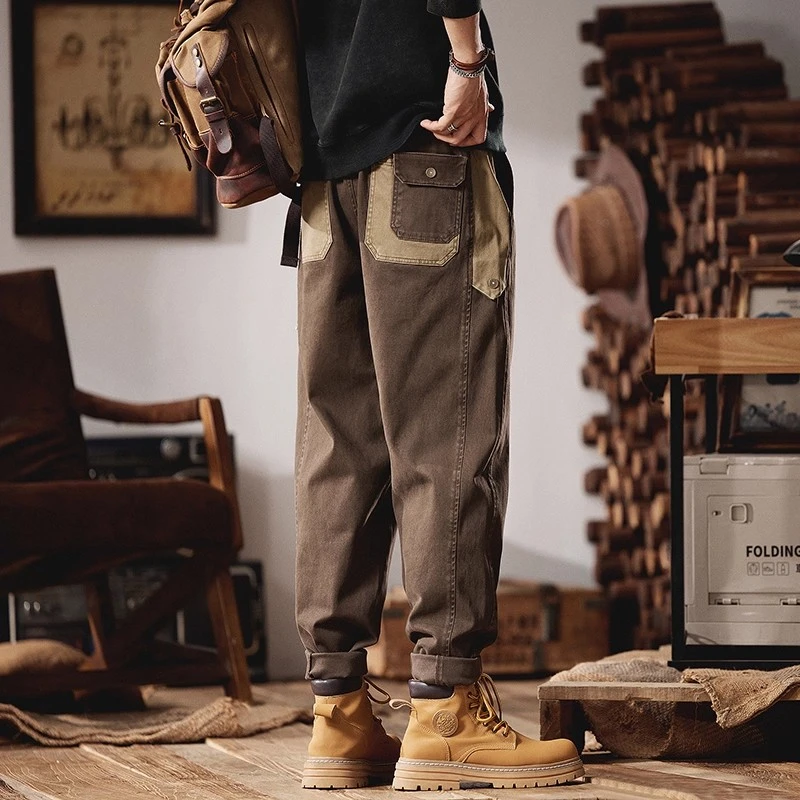 美式潮牌撞色拼接工装裤男装秋冬季宽松弹力休闲裤锥形直筒长裤子