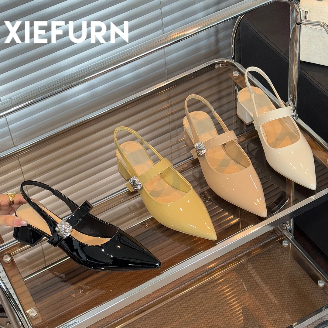 XIEFURN/鞋夫人漆皮气质玛丽珍高跟鞋2025夏季百搭一脚蹬尖头凉鞋
