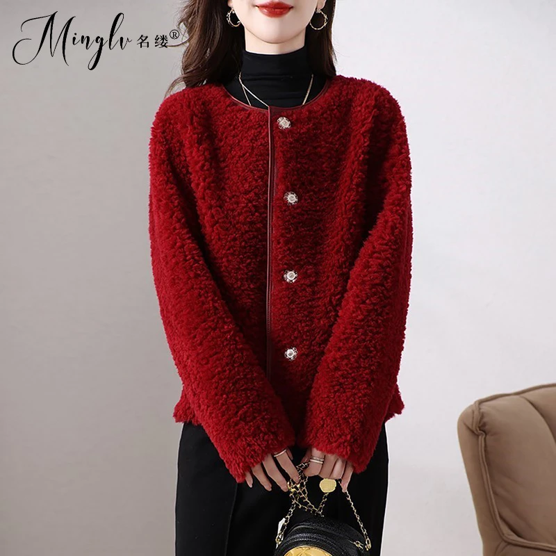 时尚高级感修身显瘦女冬2025新款显气质毛呢小香风短款红色外套