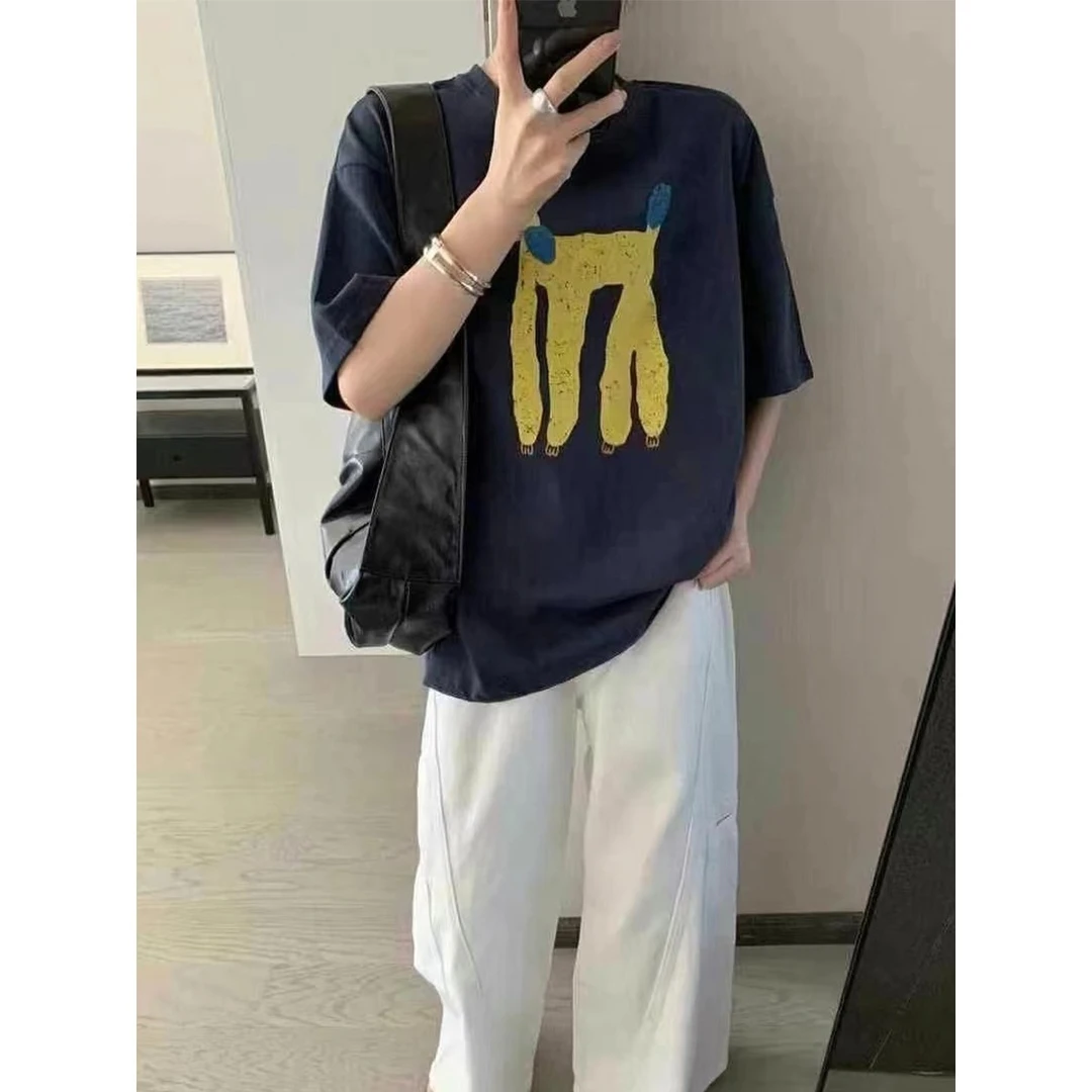 【2025夏季新款韩版百搭圆领卡通小狗印花短袖T恤女宽松显瘦上衣潮